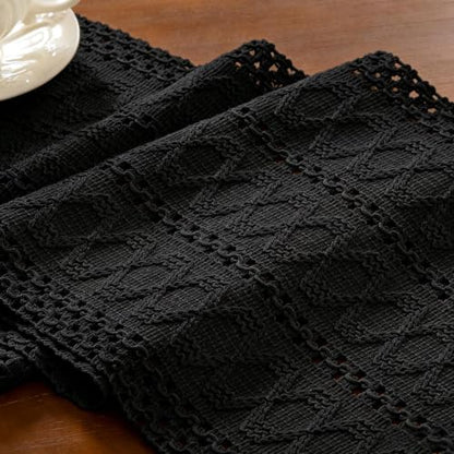 Black Woven Table Runner Cotton Linen Boho with Tassels 11"×108" - color: Black, size: 11" × 90"