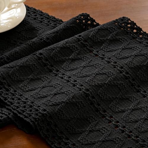 Black Woven Table Runner Cotton Linen Boho with Tassels 11"×48" - color: Black, size: 11" × 48"