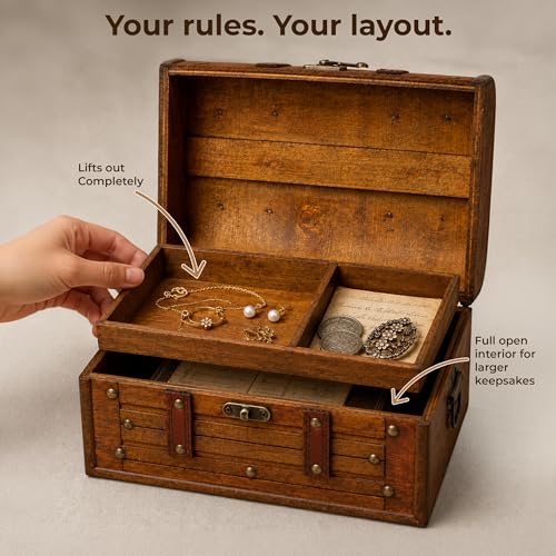 Wooden Treasure Chest with Removable Tray, Pirate Box, Medium 10.5x7x6 in