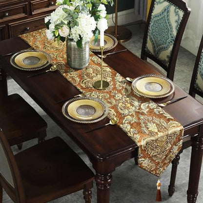 Deluxe Embroidered Table Runner 84" Caramel Retro Chenille Jacquard Cloths - color: Caramel, size: 13x84“