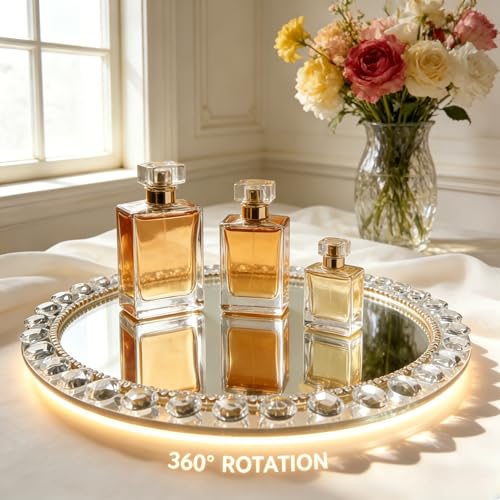 Round Glass Mirror Tray, 11.8" 360 Rotating Decorative Tray - color: Silver D