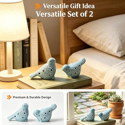 Ceramic Bird Figurines Set of 2, Blue Birds Shelf Decor