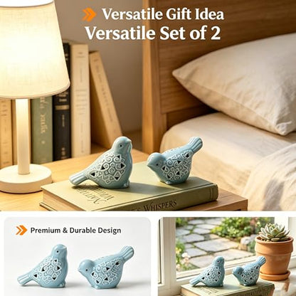 Ceramic Bird Figurines Set of 2, Blue Birds Shelf Decor