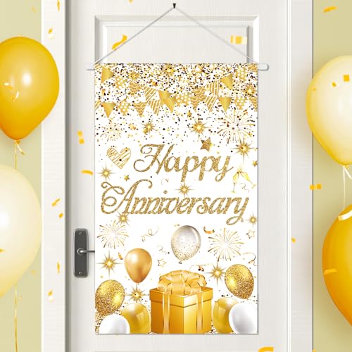 Anniversary Party Decorations White Gold Happy Anniversary Door Banner Sign Small Wedding Anniversaries Door Hanging Banner Porch Front Door Decor for Women Men Cruise Door Sign Supplies - color: White