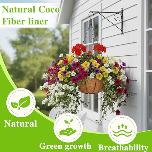 EIMQUVW Metal Hanging Planters Basket Set of 4 Hanging Flower Pots 10 Inch Chain Round Wire Plant Holder with Coco Coir Liner Garden Watering Hanging Baskets for Patio Garden Outdoor1