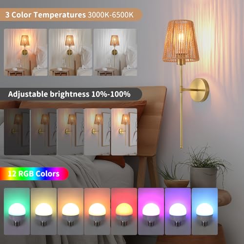 Battery Operated wall sconces Set of Two,Rattan Shade Gold with Remote Rechargeable Light Bulbs,dimmable RGB,Living Room,Bedroom,Hallway,Bathroom can be Used - color: Gold 24.4 Inch