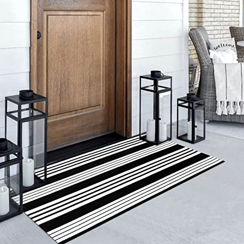 LEEVAN 2'X4.3' Black and White Striped Woven Cotton Reversible Outdoor Rug - color: Black Strip, size: 2' x 4'3"