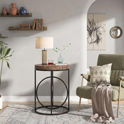 LITTLE TREE 20” Round End Table with Thick Wood Top，Modern Sofa Side Table with Gold O-Shaped Base, Midcentury Accent Table Cocktail Table Nightstand for Living Room Bedroom - color: Rustic Brown+black