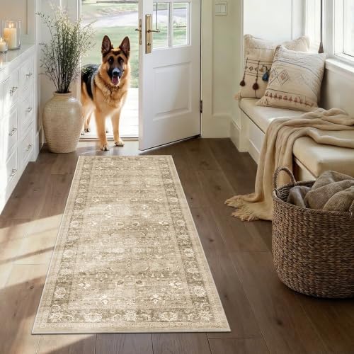2x5 Washable Kitchen Runner Rug Non-Slip Vintage Khaki Throw Carpet - color: Accent | Beige Khaki, size: 2' x 5' (Runner)