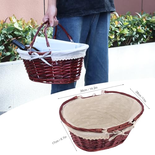 Large Wicker Basket with Handle, 14.2 x 11 x 6.7 inch Wicker Picnic Basket with Liner, Empty Gift Basket, Oval Willow Woven Basket for Fruit, Candy, Wine, Gathering, Wedding, Picnic, by GNIEMCKIN. - size: 1 PCS Large brown