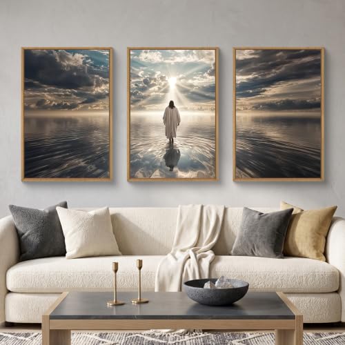 HPNIUB Jesus Canvas Wall Art Set, Jesus Walking On Water Framed Wall Decor Christian Religious Modern Serenity Prayer Art Prints Artwork for Living Room,Bedroom,Farmhouse,Prayer Room-16 x24 x3 - color: Abstract Jesus Wall Art, size: 16"L x 24"W