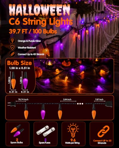C6 Halloween String Lights, Orange Purple 100 LED Plug-In Porch Patio Decor - color: Orange Purple