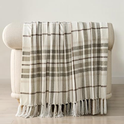 EverGrace Plaid Chenille Knit Throw Blanket for Couch, 60"x80", Beige - color: Plaid Beige & White, size: 60"x80"