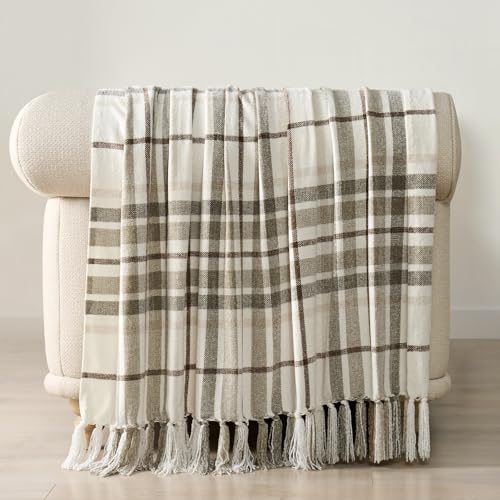 EverGrace Plaid Chenille Knit Throw Blanket for Couch, 50"x60", Beige - color: Plaid Beige & White, size: 50"x60"