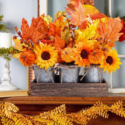 Winlyn Set of 3 Small Potted Maple Arrangement Artificial Maple Leaf Branches Faux Fall Picks and Sprays in Rustic Galvanized Metal Pots with Decorative Wood Tray