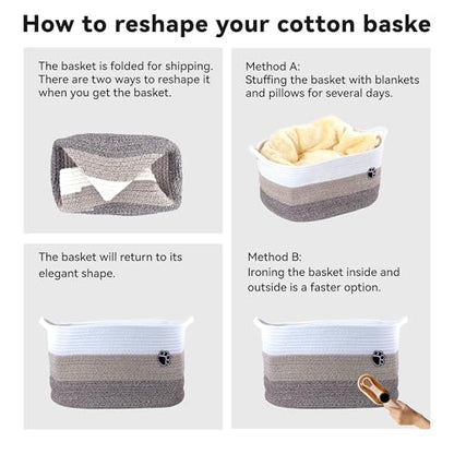 3Pack Storage Basket Set (S/M/L), Rope Basket with Handles, Machine Washable, Dog Toy Bin for Pet Toy Storage, Toys Nursery, Home Storage, White, Brown