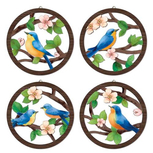 HPNIUB Bird on Birch Tree Branch Wall Decor, Modern Green Leaves Little Birds Laser Cut Artwork, 4 Pieces 10''x10'' Rustic Farmhouse Nature Animals Wall Hanging Plaque for Living Room Bedroom - color: Bird on tree branch