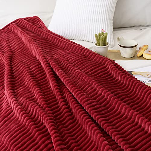 MIULEE Fleece Throw Blanket for Couch 300GSM Super Soft Lightweight Plush Striped, Burgundy Red Warm Cozy Breathable Ribbed Blanket for Bed/Sofa, Twin Size 60"x80" - color: Burgundy Red, size: 60"x80"