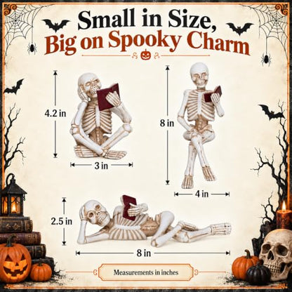 3 Piece Halloween Indoor Decor Figurines Sitting Skeleton Statue Halloween Decorations mini Reading Skull Figurine Home Decor for Living Room Table Shelf Ornament