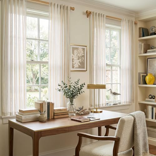 Vangao Striped Curtains Yellow on White Semi Sheer Curtains 63 Inches Long - color: Shadow Striped| Mustard Yellow on Off White, size: 50"W x 63"L (Pack of 2)