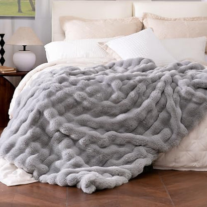Ultra Soft Cozy Faux Fur Throw Blanket, Fuzzy Plush Thick Bubble Blanket, Oversize Luxury Fluffy Blanket for Couch, Bed, and Living Room, 60x80 Inches, Light Grey - color: Bubble Light Grey, size: Twin(60" X 80")