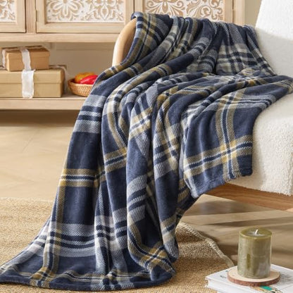 BEDELITE Tartan Plaid Fleece Twin Blanket for Couch, Navy, 60"x80" - color: Navy Tartan, size: Twin(60"x80")