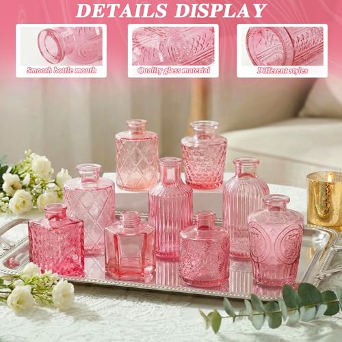 Set of 15 Pink Glass Bud Vases Small Textured Flower Vases - color: Pink