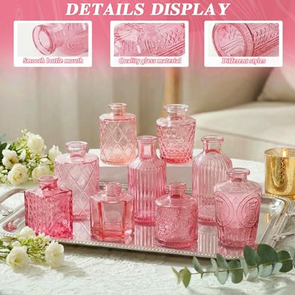 Set of 15 Pink Glass Bud Vases Small Textured Flower Vases - color: Pink