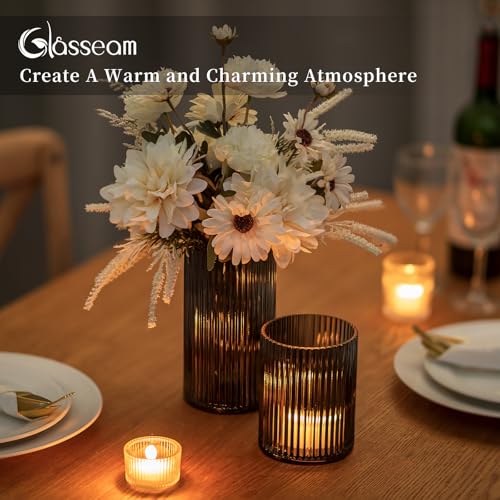 Glasseam Hurricane Glass Candle Holders: 2 Pcs Ribbed Cylinder Grey Vases