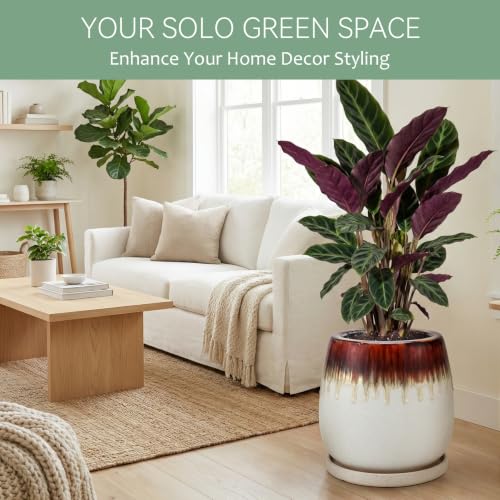 10.3 Inch Ceramic Glaze Plant Pot with Saucer, Flower Pots with Drainage Hole Mesh Net (Hemp-White) - color: Hemp White