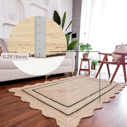 Wave Scalloped Jute Rug Entryway Natural Boho Area Rug Green 2'x4' - color: Emerald Green, size: 2'x4'