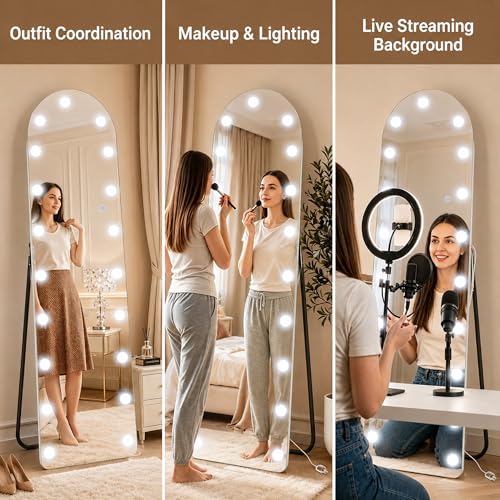 Arched Hollywood Full Length Mirror, 63"x20",Dimmable LED, 3 Color