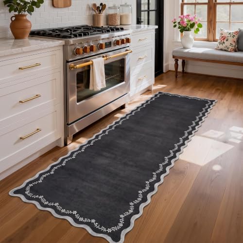 GarveeHome 2.5x10 Scalloped Washable Runner Rug Long Hallway Kitchen Rug - color: Black, size: 2'6" x 10' (Rectangular)