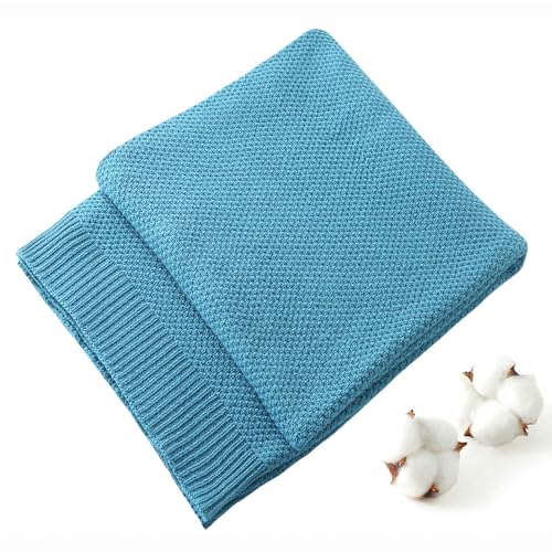 TREELY 100% Cotton Teal Knitted Throw Blanket 50"x60" - color: Teal, size: Throw(50" x 60")