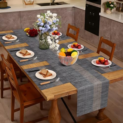 Aofmee Table Runner and Placemats Set of 6 Washable, Heat Resistant Place Mats with Table Runner, Woven Vinyl Table Placemats for Dining Table, Stain Resistant Kitchen Table Mats Sets, Easy to Clean - color: Stripe-black, size: Set of 7