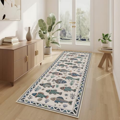 Fish Ocean Runner Rug 2x6 for Hallway Bedroom Coastal Kitchen Rugs Low Pile - color: Fish, size: 2'x6' (Runner)