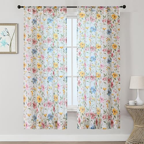 OWENIE Floral Sheer Curtains - 72 Inch Length 2 Panels Set for Living Room Girls Bedroom, Printed Pink Floral Pattern Farmhouse Light Filtering Crinkle Sheer for Spring Decor, 2 Pcs Each 42"W x 72"L - size: 42"W x 72"L (Pack of 2)