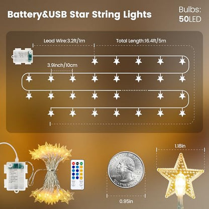 HEYFUNi Warm White Star String Lights with Remote, 16ft 50 LED - color: Warm White, size: 50 LED-Battery&USB