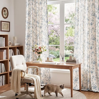 jinchan Custom Size Curtain Blue Floral Linen Curtain Back Tab 1 Panel - color: Amlie Blue, size: Custom