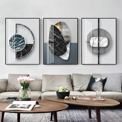 QKF 3Pcs Abstract Marble Geometric Crystal Surface Framed Canvas Wall Art - color: Black Ash, size: 16" X 24" X 3 pieces