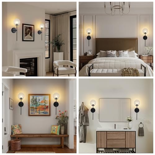 Globe Battery Operated Sconce Set of 2 with Clear Glass Lampshade - color: Black-Clear
