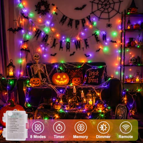 QITONG 2 Pack Battery Operated Halloween Lights, Each 33ft 100 LED - color: Purple Orange and Green, size: 2Pack
