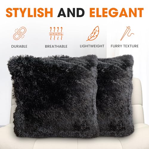 Cheer Collection Throw Pillows for Couch and Bed, Soft Shaggy Throw Pillows with Inserts Included, Cozy Long Hair Faux Fur Pillows - Set of 2-24" x 24" Black - color: Black, size: 24" x 24"