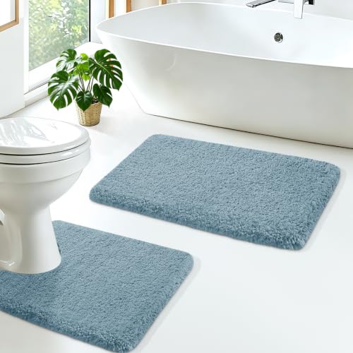 Microfiber Thick Bathroom Rugs Sets 2 Piece, Non Slip Bath Rug, Ultra Soft Plush Absorbent Bathroom Mat, Machine Washable Luxury Toilet Rug Set, Bath Mat for Tab, Shower and Bathroom, Eggshell Blue - color: Eggshell Blue, size: 24"x17"+24"x20" Contour Rug