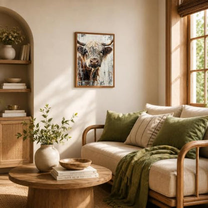 Rustic Highland Cow Framed Wall Art, Farmhouse Canvas Print, 12x16 Inch - color: Brown-Highland cow