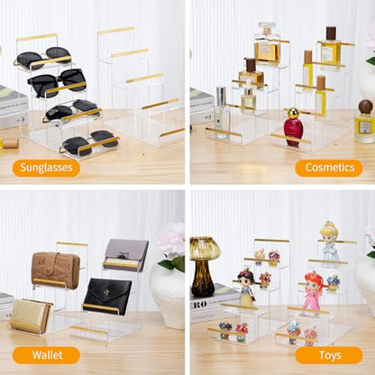 Purse Display Stands, 2 Pack 4-Tier Acrylic Wallet Holder Risers Stand, 2-Inch Spacing Clear Clutch Rack Handbag Display Shelf, 4MM Thick Counter Wallet Organizer for Figure Sunglasses Retail Vendor - size: 4 Tier（2pack）