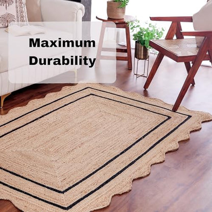 Wave Scalloped Jute Rug Entryway Natural Boho Area Rug Black 2'x3' - color: Black, size: 2'x3'