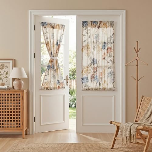 MYSKY HOME Floral Linen French Door Curtains 40 inch Long Set of 2 for Front Door - Light Filtering Privacy Semi Sheer Window Curtains with Rod Pocket, Yellow, 24" W Each Panel - color: A-yellow, size: 24"W x 40"L (Pack of 2)