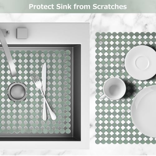 Kitchen Sink Mat for Stainless Steel/Ceramic Sinks,2 Pack with Scissors - color: Green