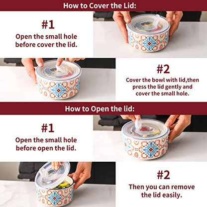 Ceramic Bowl with Lid, Microwave Safe, Set of 4 - color: Color B - Set of 4
